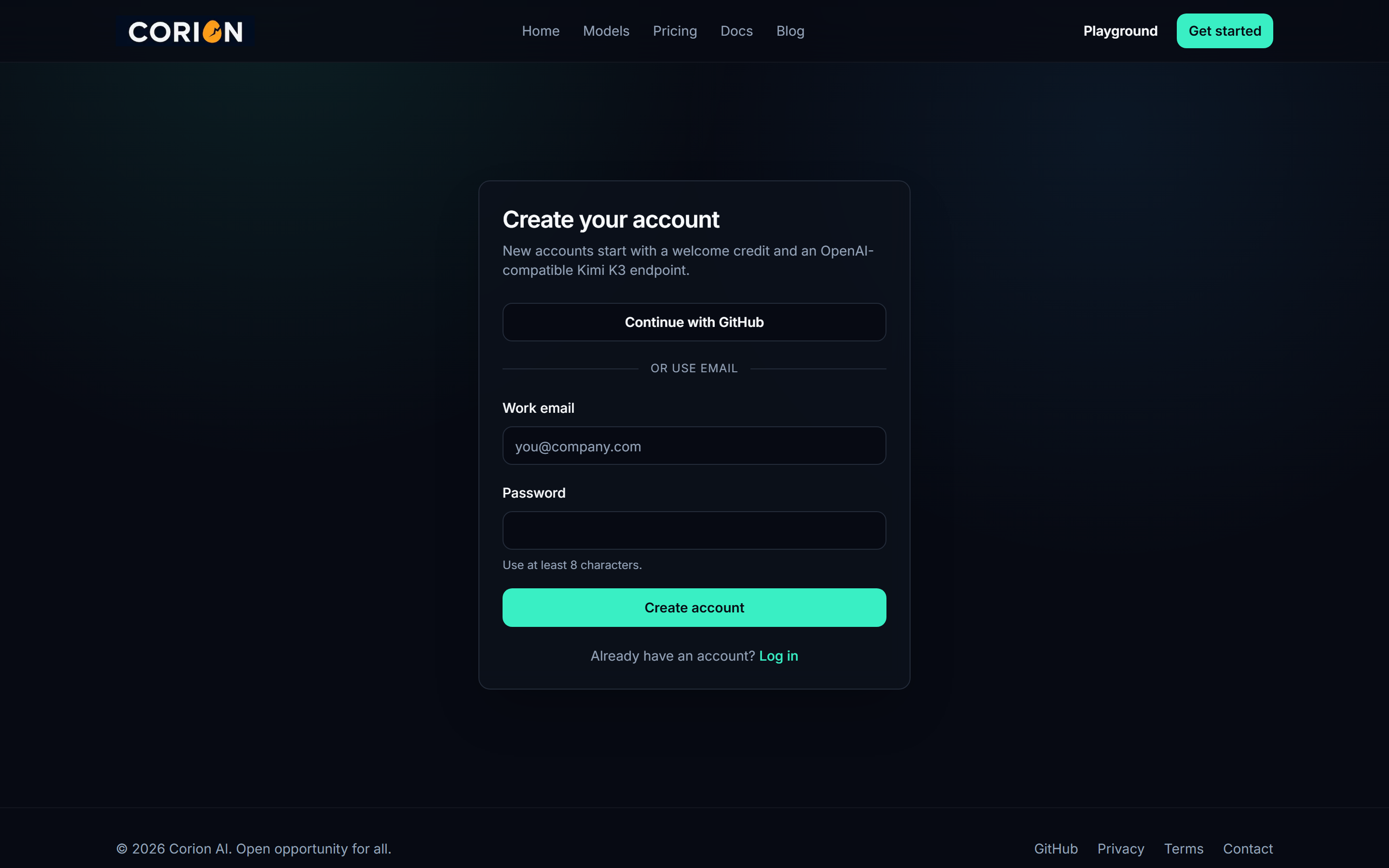 The Corion AI signup page