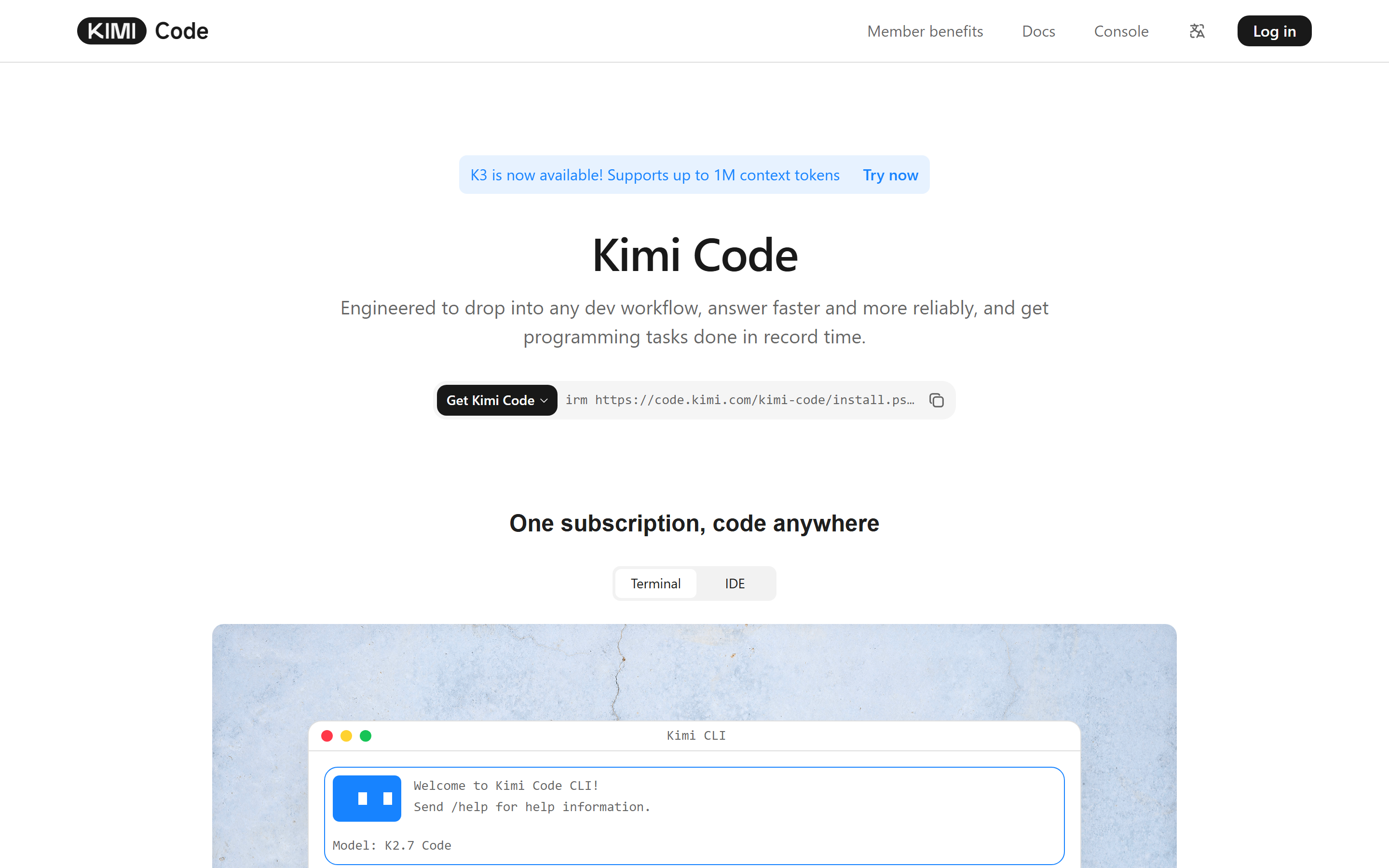 The Kimi Code CLI download page at kimi.com/code